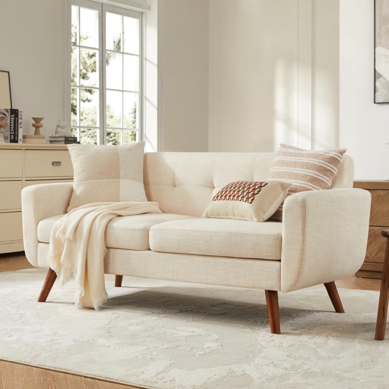 Mid Century Loveseat Beige Button Tufted Back Tapered Legs