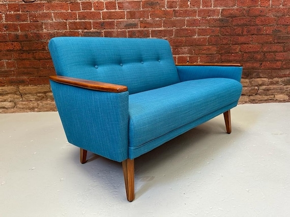 Mid-Century Loveseat, Teal Woven Fabric, Danish Style Legs, Wood Arms