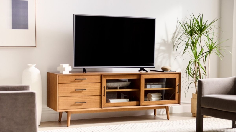 Mid-Century Media Console Acorn Finish Sliding Doors