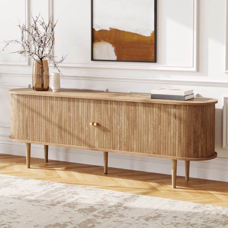 Mid-Century Media Console with Ribbed Surface and Curved Silhouette