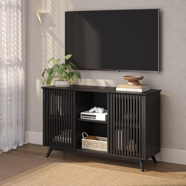 Mid-Century Media Console with Slatted Sliding Doors