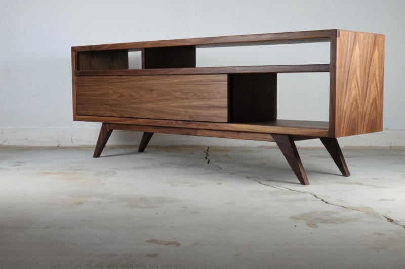 Mid-Century Media Console with Sliding Panel & Tapered Legs