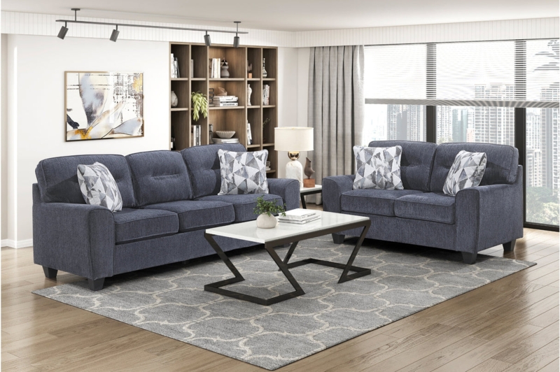Mid-Century Modern Blue Loveseat, Track Arms with Tapered Wood Legs