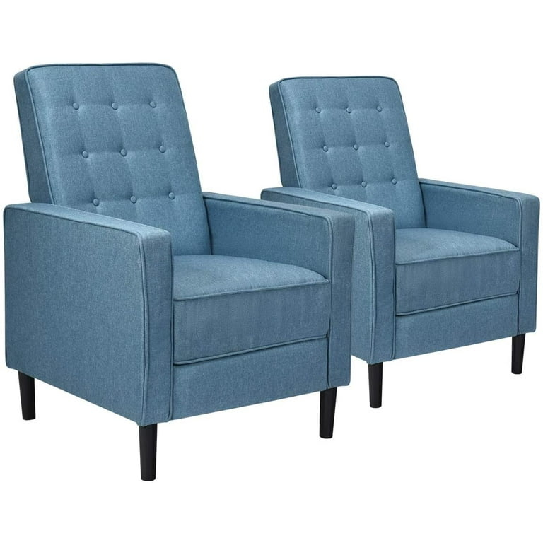Mid-Century Modern Blue Push Back Recliner with Tapered Legs