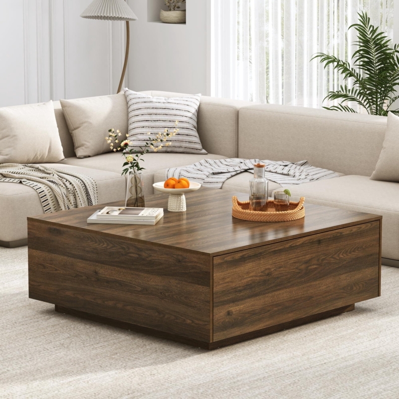 Mid-Century Modern Coffee Table in Walnut Finish with Integrated Drawers