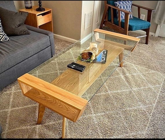 Mid-Century Modern Coffee Table with Inset Glass and Splayed Legs