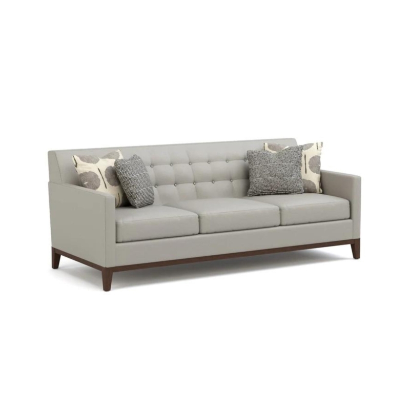 Mid Century Modern Couch with Exposed Wood Base and Button Tufting
