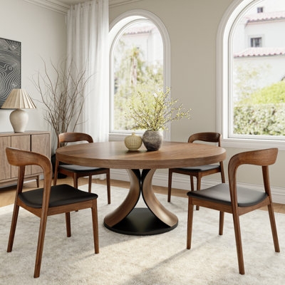 Mid-Century Modern Dining Set: Round Walnut Table, Curved Open Back Chairs