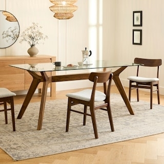 Mid Century Modern Dining Table with Glass Top and Splayed Legs
