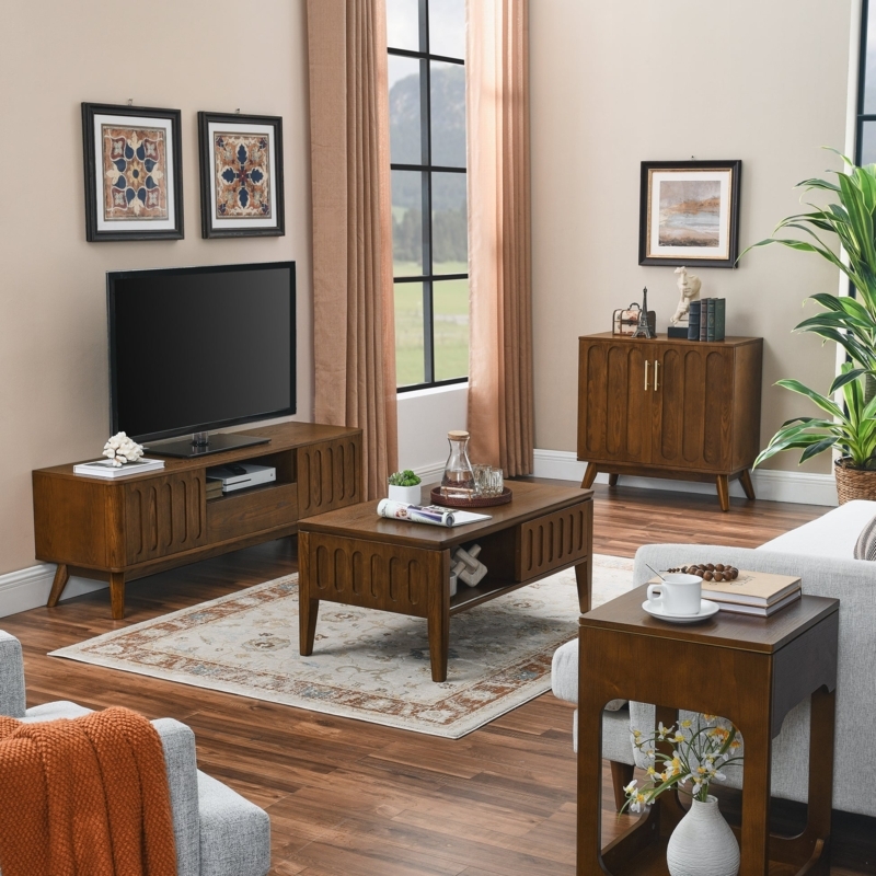 Mid Century Modern Fluted TV Stand for 65 inch TV, Entertainment Center with Storage, Farmhouse Wood Media Console for Living Room Apartment Office,