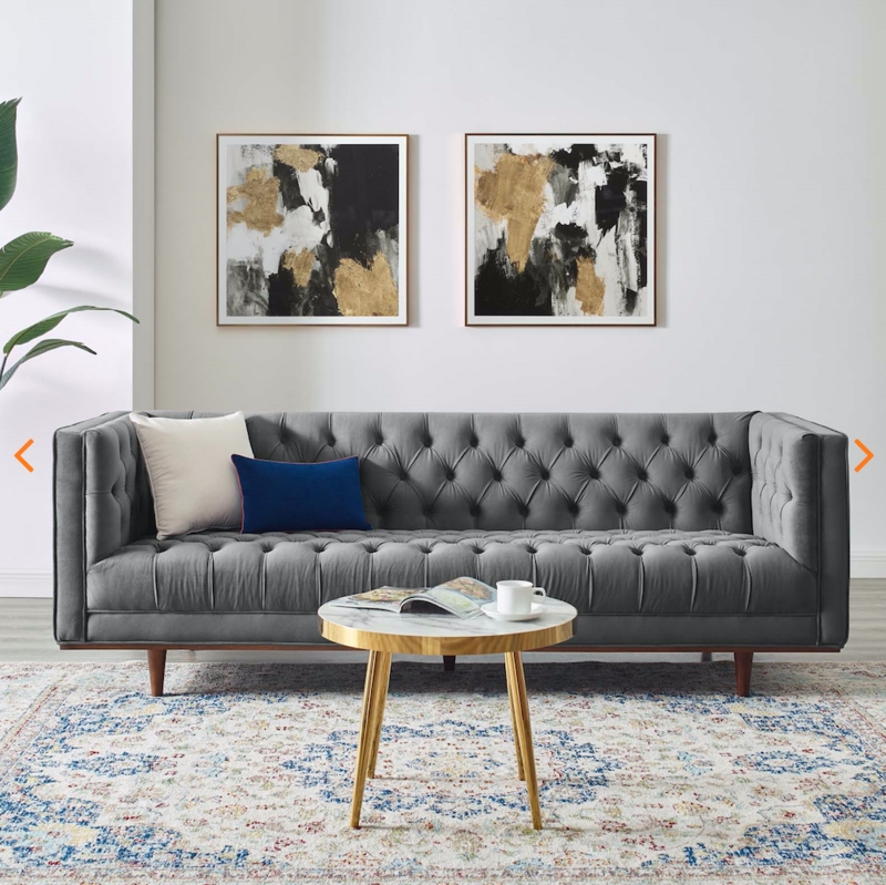 Mid-Century Modern Gray Velvet Sofa with Tapered Wood Legs