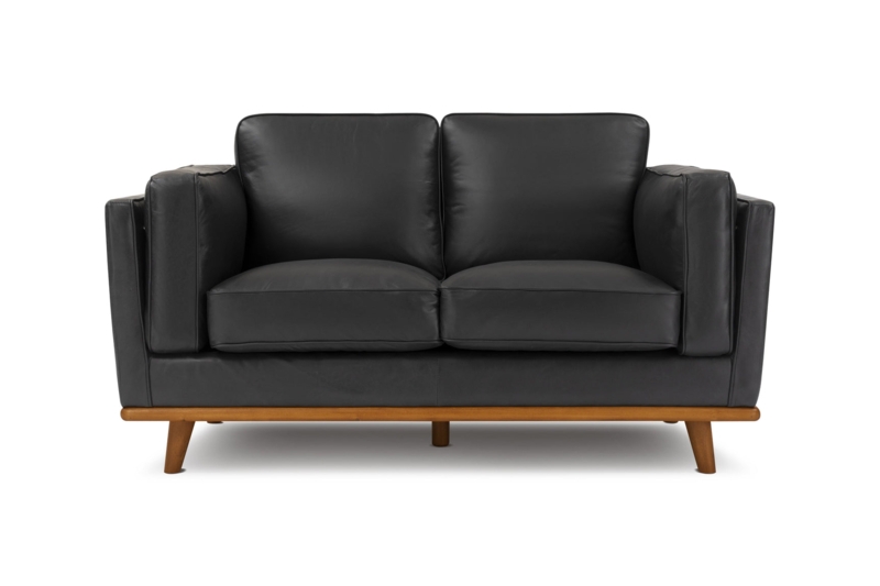 Mid-Century Modern Loveseat, Leather-Like Upholstery, Exposed Wood Base.