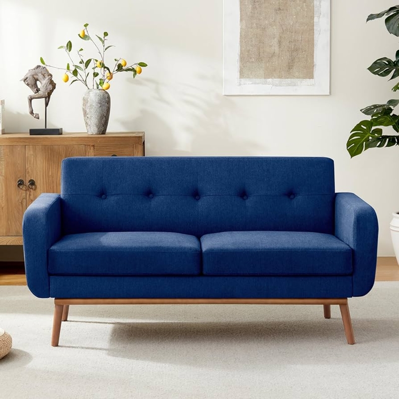 Mid-Century Modern Loveseat, Navy Blue, Button Tufted, Wood Base