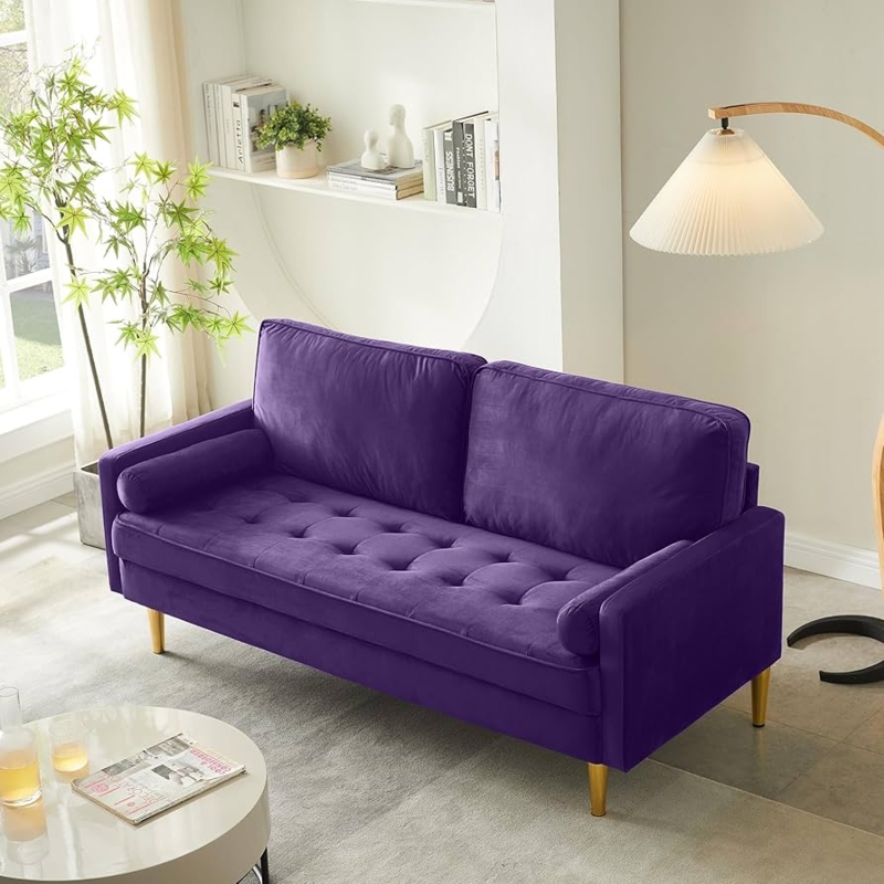 Mid Century Modern Loveseat Purple Velvet Tufted Seat Gold Legs