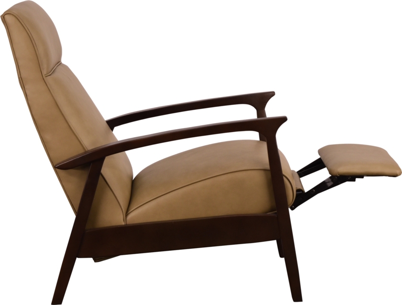 Mid Century Modern Recliner Sculptural Wood Frame Tan Leather