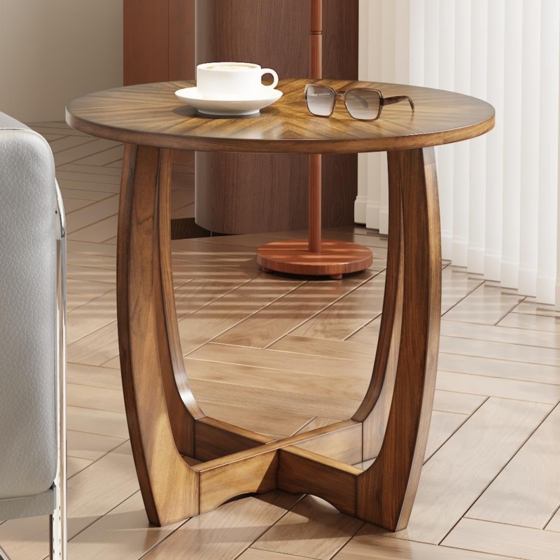 Mid-Century Modern Round End Table with Sunburst Veneer Top