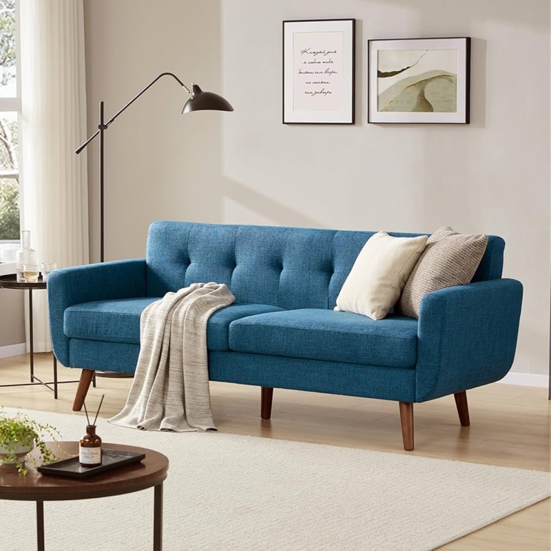 Mid-Century Modern Sofa: Button-Tufted Blue Linen Upholstery