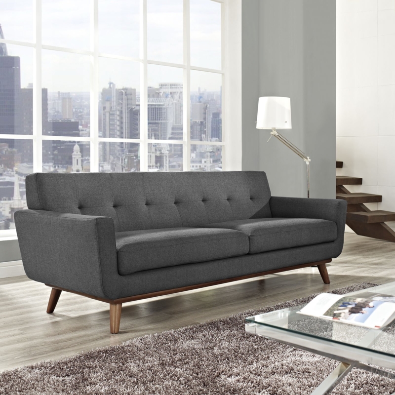 Mid-Century Modern Sofa Charcoal Grey Button Tufted Tapered Legs