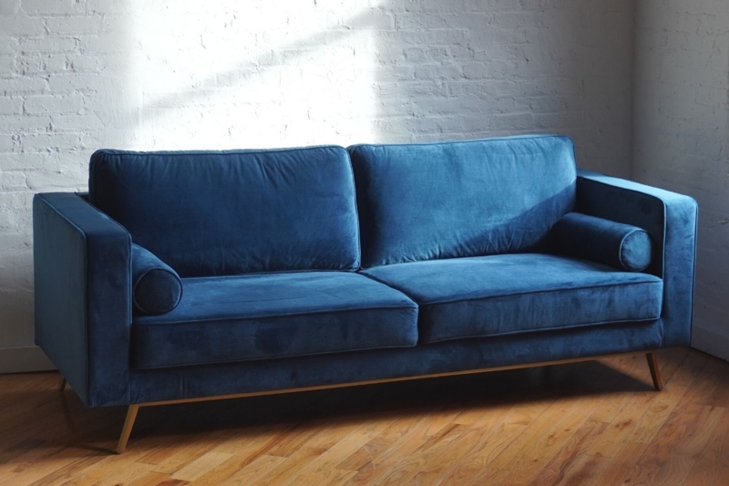 Mid-Century Modern Sofa, Deep Blue Velvet-Like, Gold Legs, Bolsters