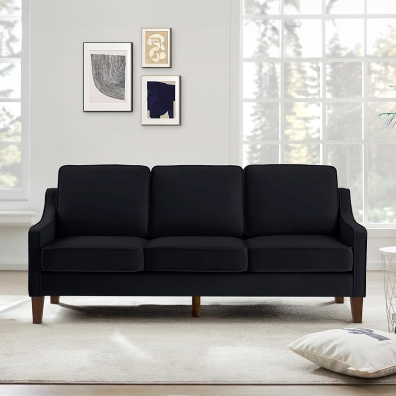 Mid-Century Modern Sofa, Three-Seater Velvet Upholstery, Tapered Legs.