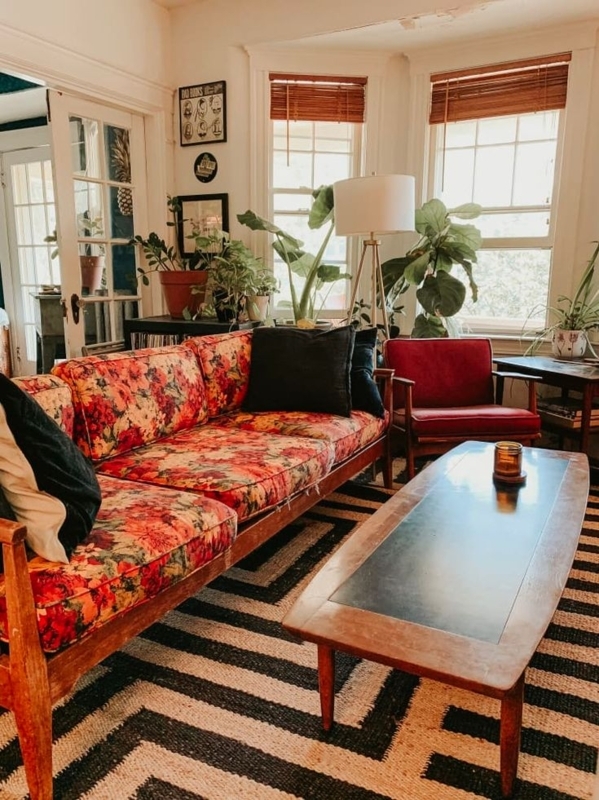 Mid Century Modern Sofa with Exposed Wood Frame Vintage Floral