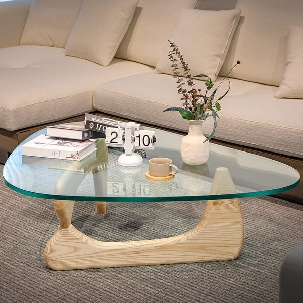 Mid-Century Modern Triangle Coffee Table with Sculptural Wood Base