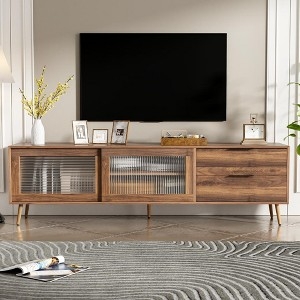 Mid Century Modern TV Stand, Fluted Glass Doors, Tapered Legs