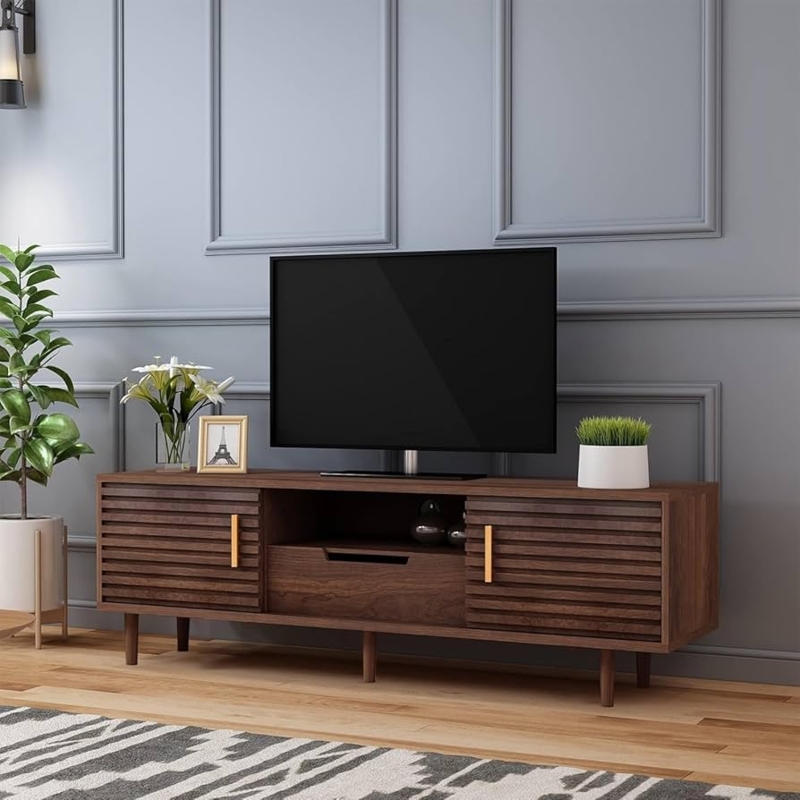 Mid-Century Modern TV Stand Slatted Sliding Doors Walnut Console