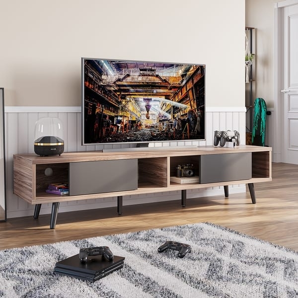 Mid-Century Modern TV Stand Sliding Grey Doors