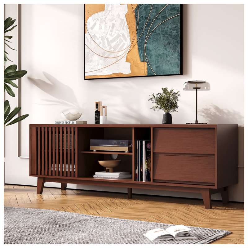 Mid Century Modern TV Stand with Slatted Sliding Door and Drawers