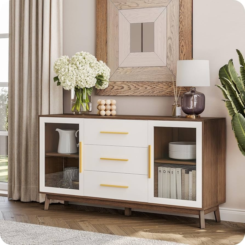 Mid-Century Modern Walnut and White Sideboard with Glass Display Doors