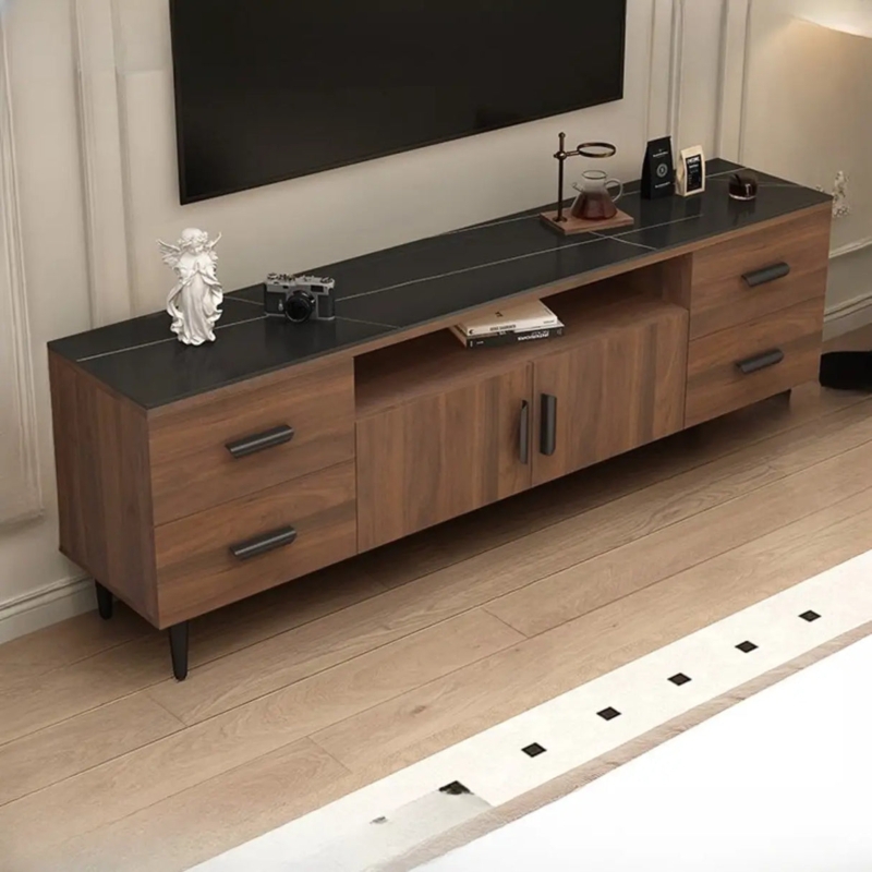 Mid-Century Modern Walnut TV Stand with Black Top Black/ Walnut / Artificial Board
