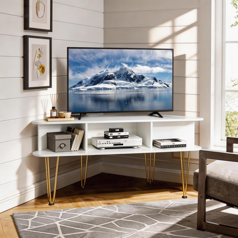 Mid-Century Modern White Corner TV Stand with Gold Hairpin Legs