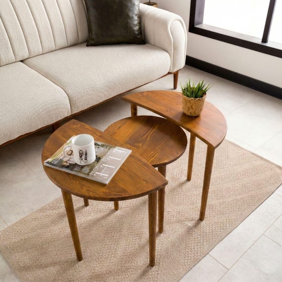 Mid-Century Modern Wood Tables, Half Moon and Round Nesting Design