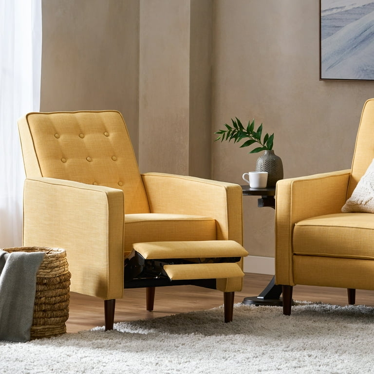 Mid-Century Muted Yellow Button Tufted Push Back Recliner