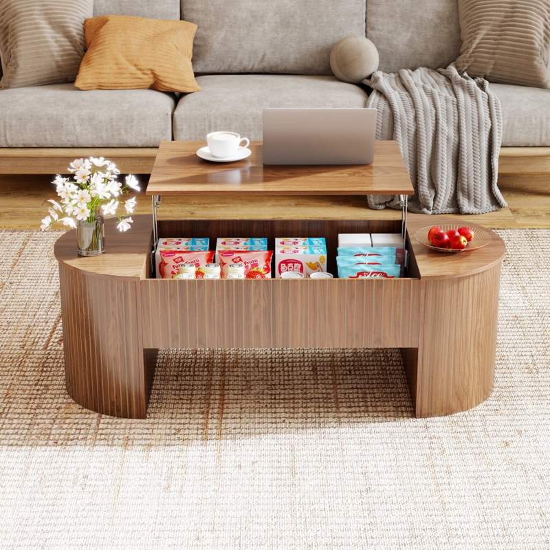 Mid Century Oval Coffee Table Lift Top Hidden Storage Ribbed