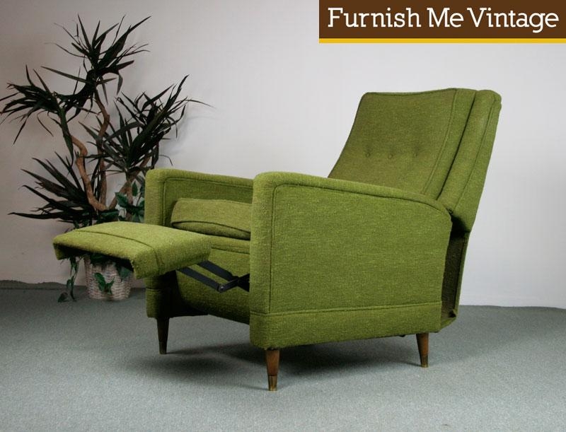 Mid Century Recliner Olive Green Tapered Legs Brass Caps