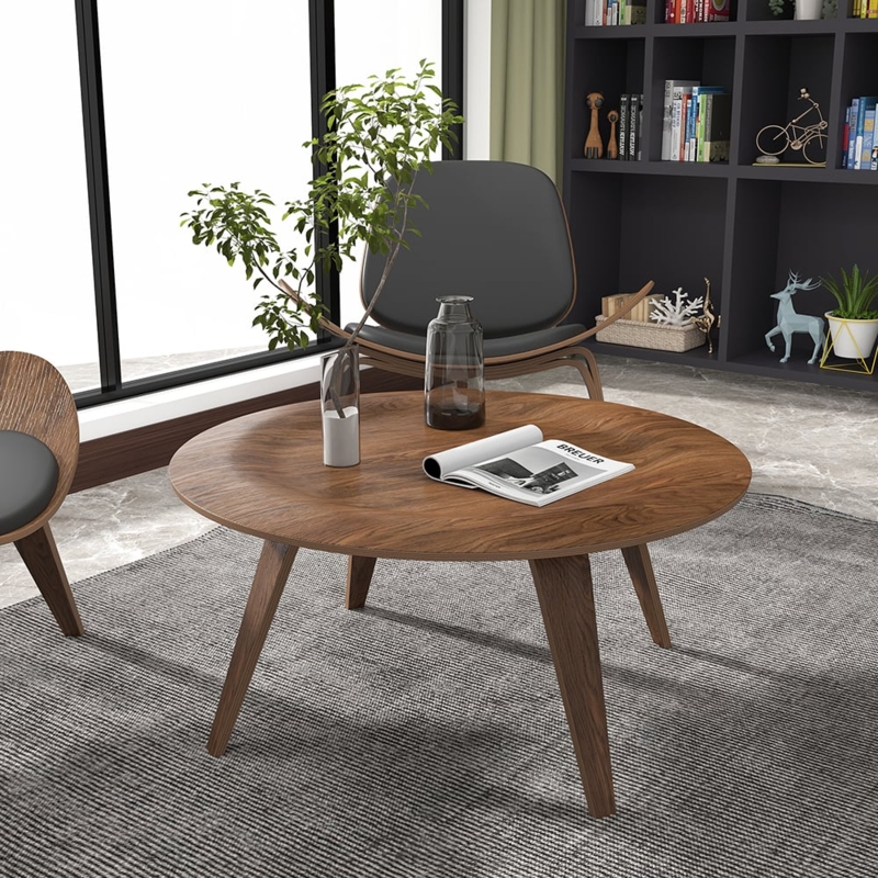Mid-Century Round Coffee Table in Walnut Finish with Tapered Wood Legs