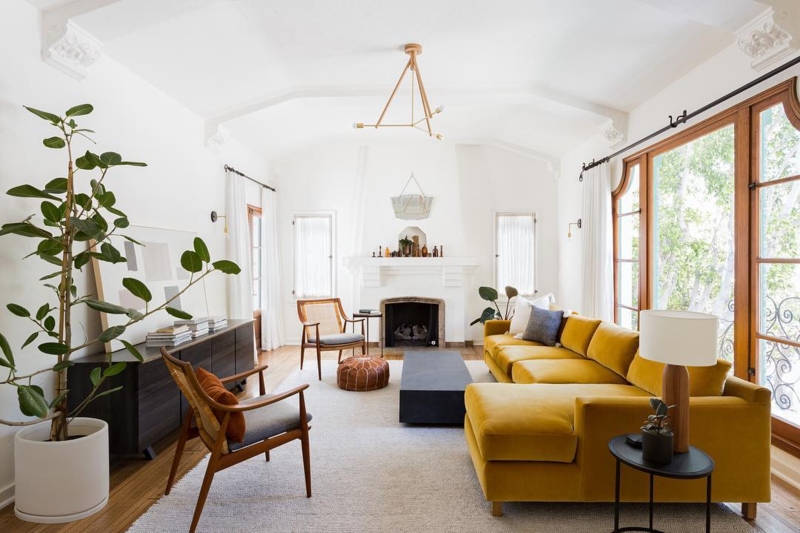 Mid-Century Sectional Sofa in Mustard Yellow Velvet with Chaise Lounge