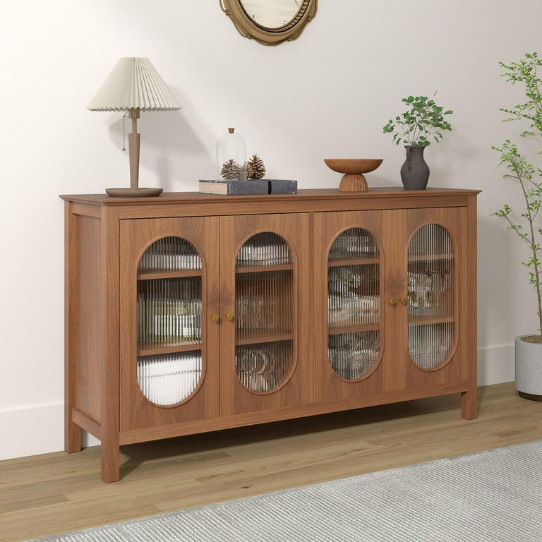 Mid-Century Sideboard with Geometric Wood Grain & Metal Base