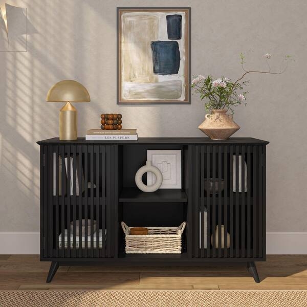 Mid-Century Slatted Sideboard with Central Open Shelving