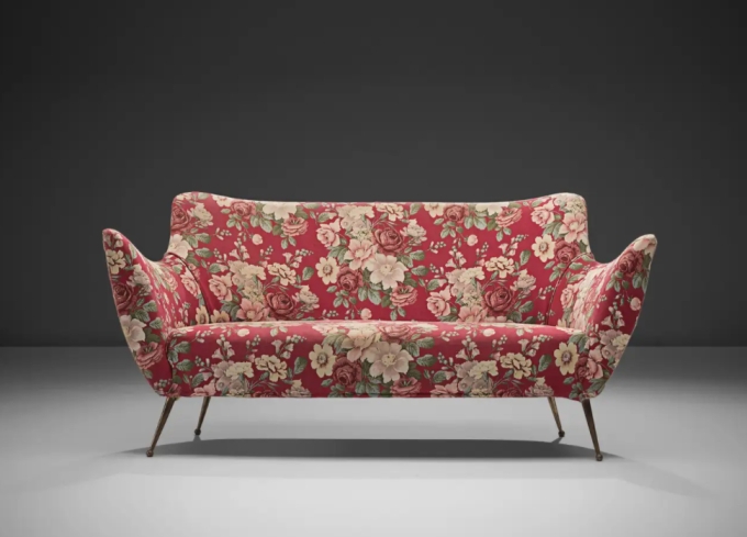 Mid-Century Sofa featuring Red Floral Print and Tapered Metal Legs