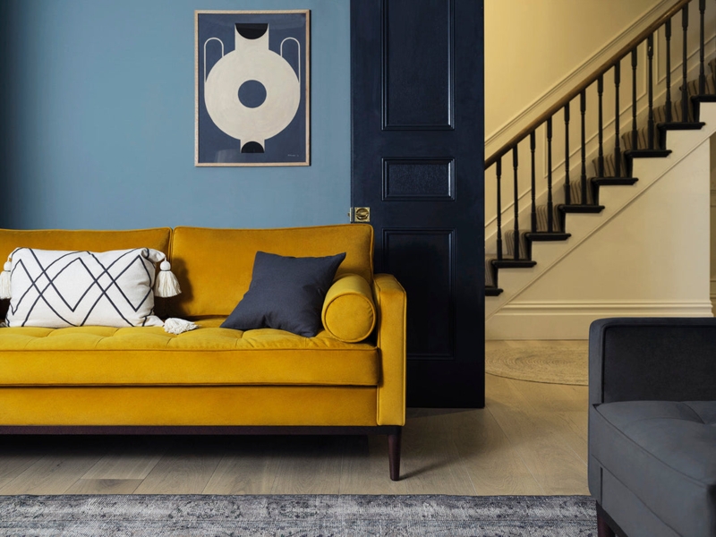 Mid-Century Sofa in Mustard Yellow with Tufted Bench Seat and Bolsters