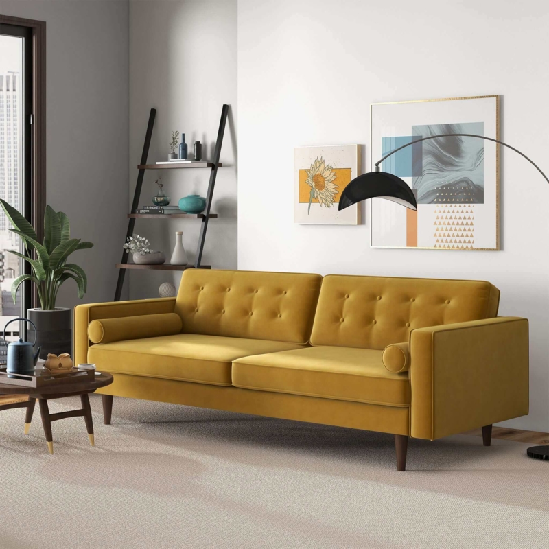 Mid-Century Sofa Mustard Gold Velvet Button Tufting Tapered Legs