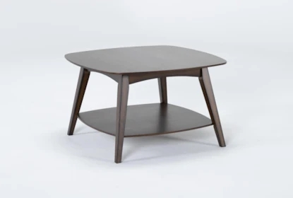 Mid-Century Square Coffee Table Dark Wood Flared Legs Rounded Top Shelf