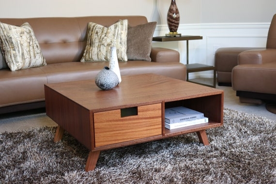 Mid-Century Square Coffee Table with Storage Drawer and Cubby