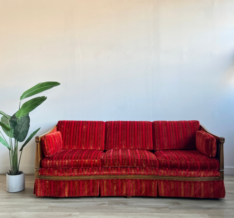 Mid Century Striped Velvet Couch with Wood Frame Base