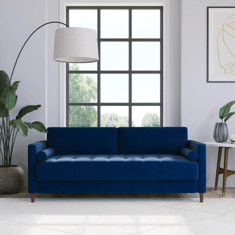 Mid-Century Style Sofa Navy Blue Fabric Grid Tufted Cushion Square Arms