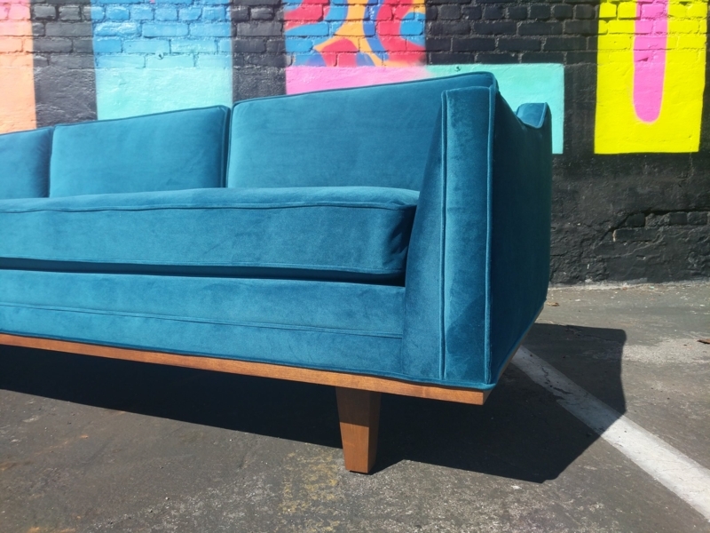 Mid-Century Style Sofa, Teal Velvet-Like, Walnut Trim, Tapered Legs