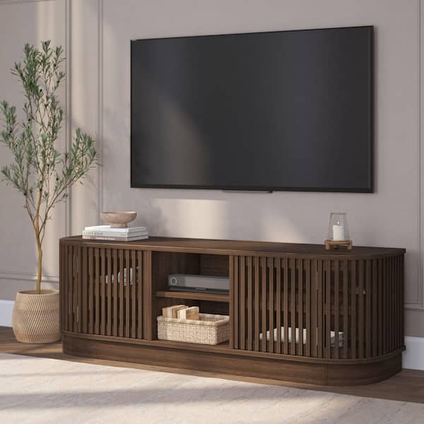 Mid-Century TV Stand featuring Rounded Corners & Slatted Doors